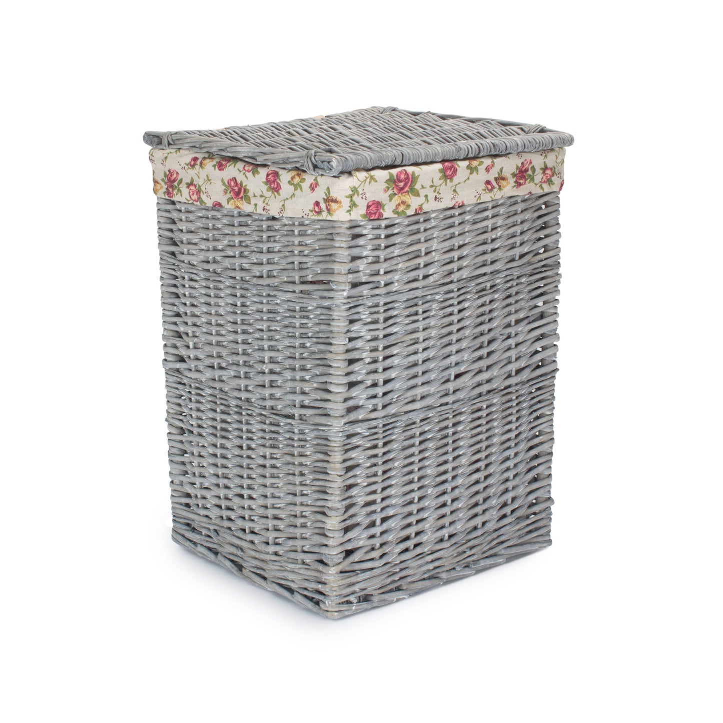 Grey Wash Willow Small Square Laundry Basket with Garden Rose Lining