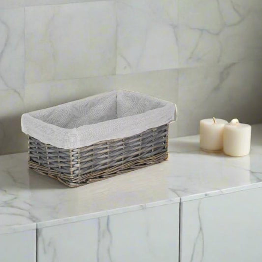 Small Antique Wash Wicker Storage Basket with White Lining
