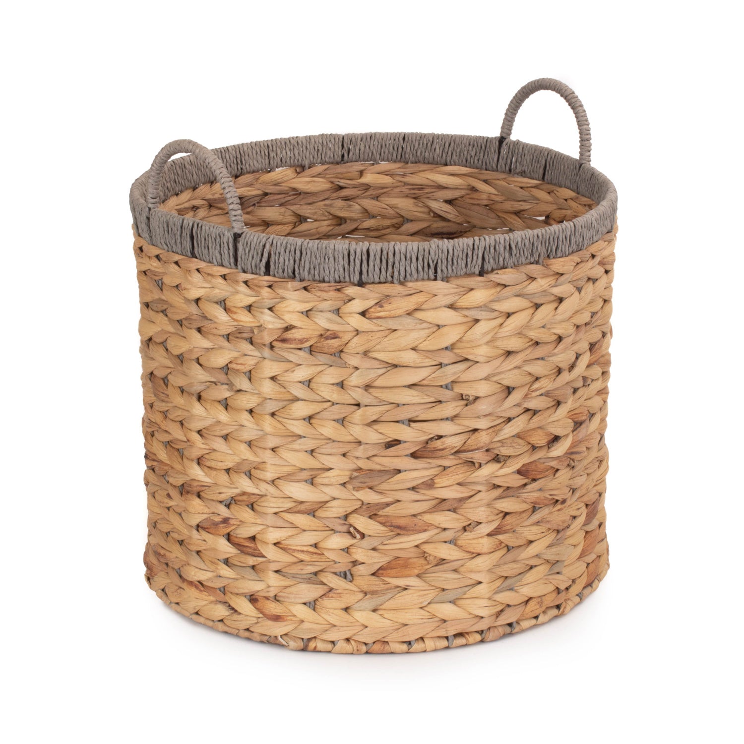 Small Round Water Hyacinth Storage Basket With Grey Rope Border