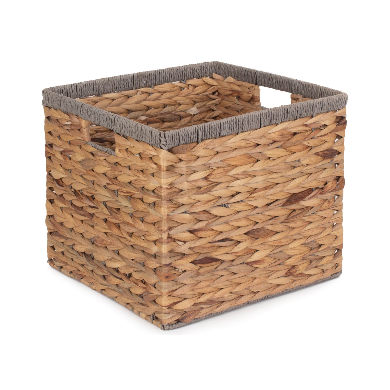 Small Square Water Hyacinth Storage Basket with Grey Rope Border
