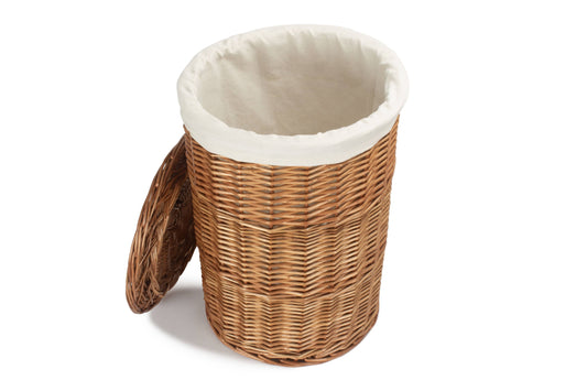 Light Steamed Willow Round Linen Basket with White Lining - Small