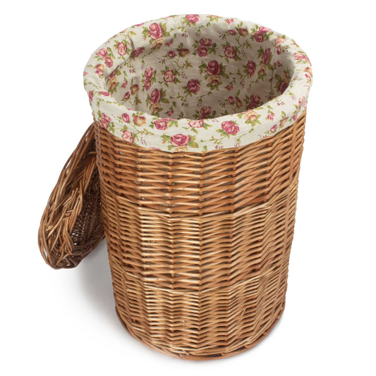 Light Steamed Willow Round Linen Basket with Garden Rose Lining - Small