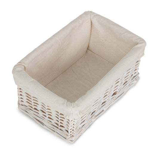 Small White Wash Wicker Storage Basket with White Lining
