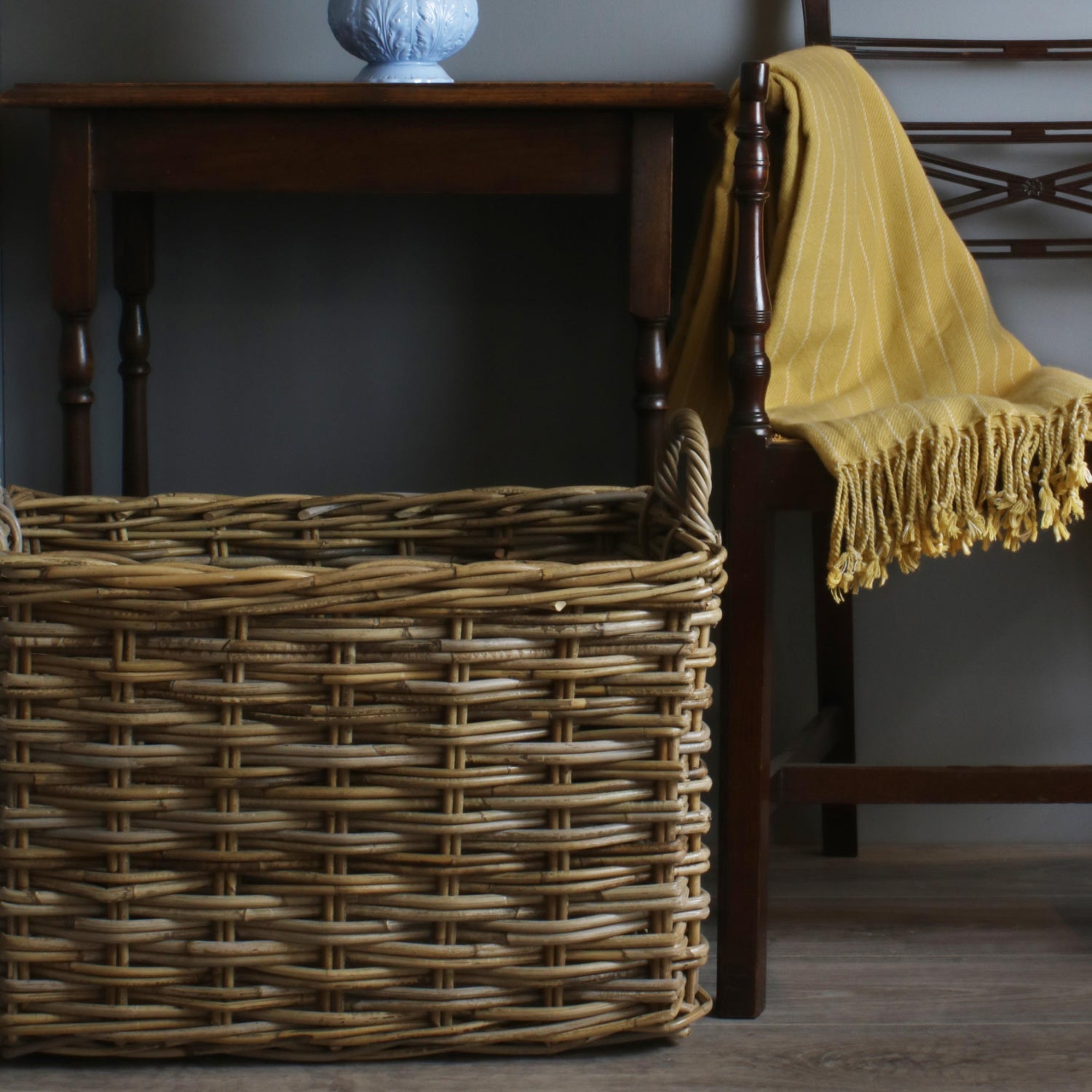 Small Rectangular Grey Rattan Hallway Log Basket
