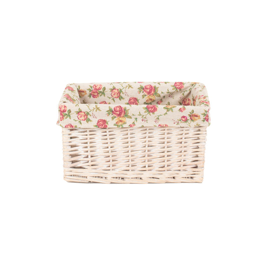 Small White Wash Willow Storage Basket with Garden Rose Lining