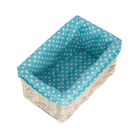 Small White Wash Willow Storage Basket with Blue Spotty Lining