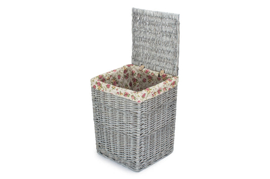 Grey Wash Willow Small Square Laundry Basket with Garden Rose Lining