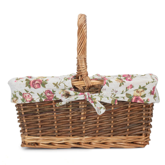 Rectangular Unpeeled Willow Shopper Basket with Garden Rose Lining - Size 1 Small