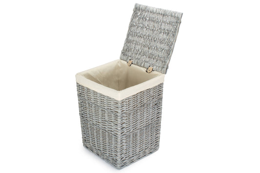 Grey Wash Willow Square Laundry Basket with White Lining - Small