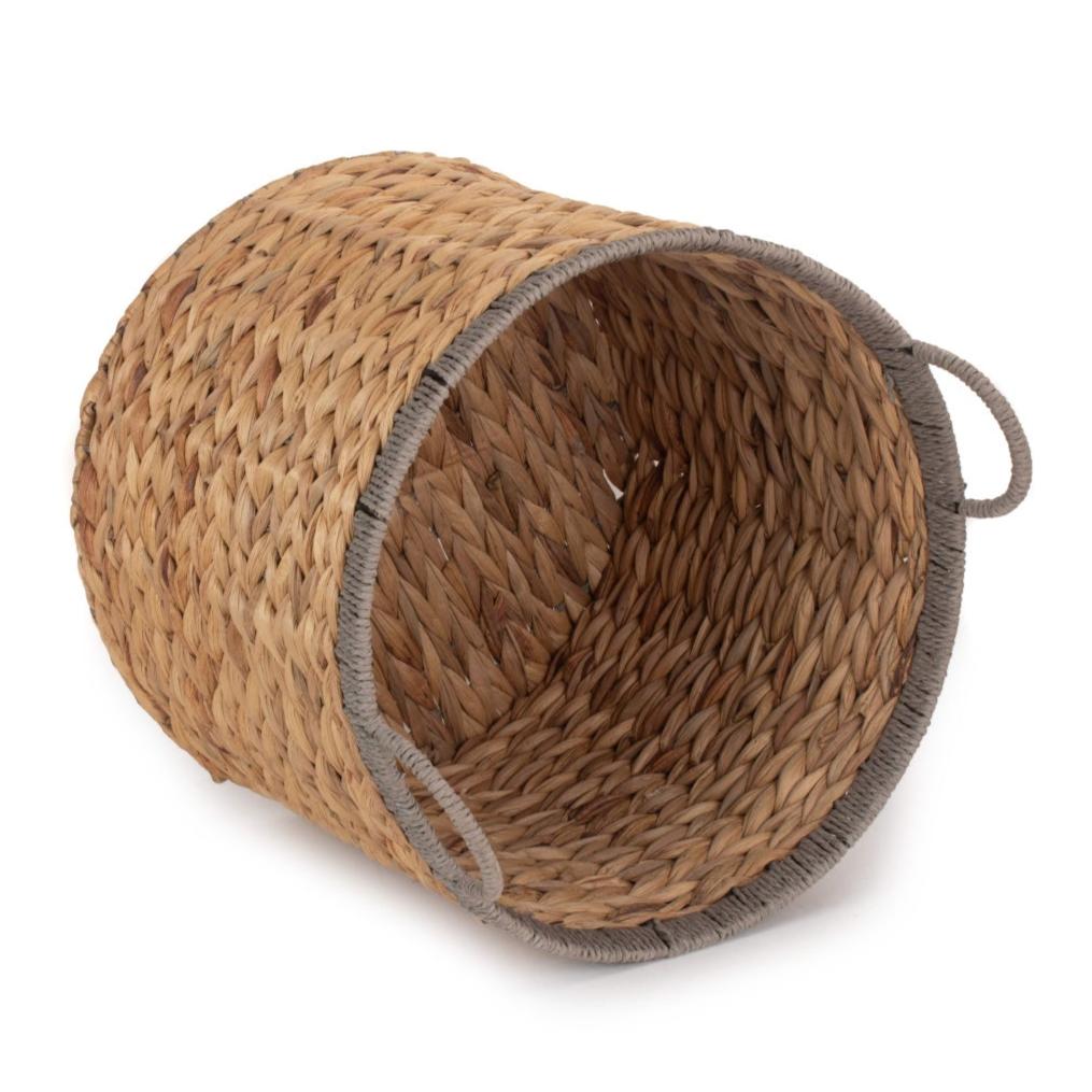 Small Round Water Hyacinth Storage Basket With Grey Rope Border