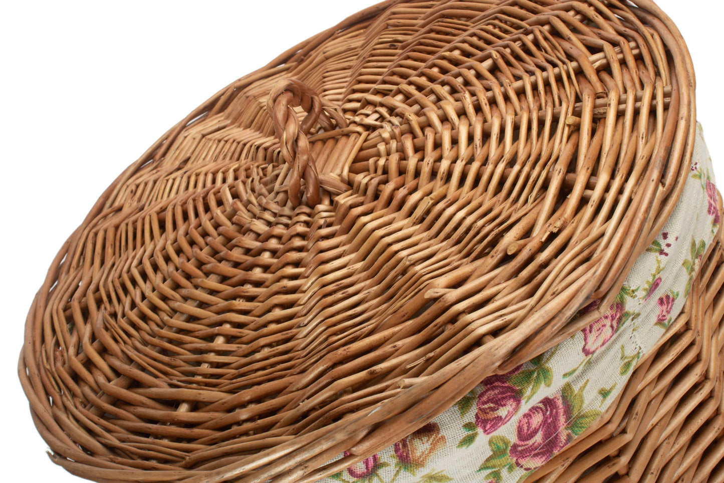 Light Steamed Willow Round Linen Basket with Garden Rose Lining - Small