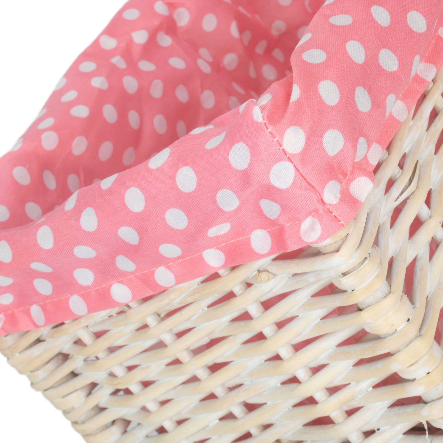 Small White Wash Willow Storage Basket with Pink Spotty Lining
