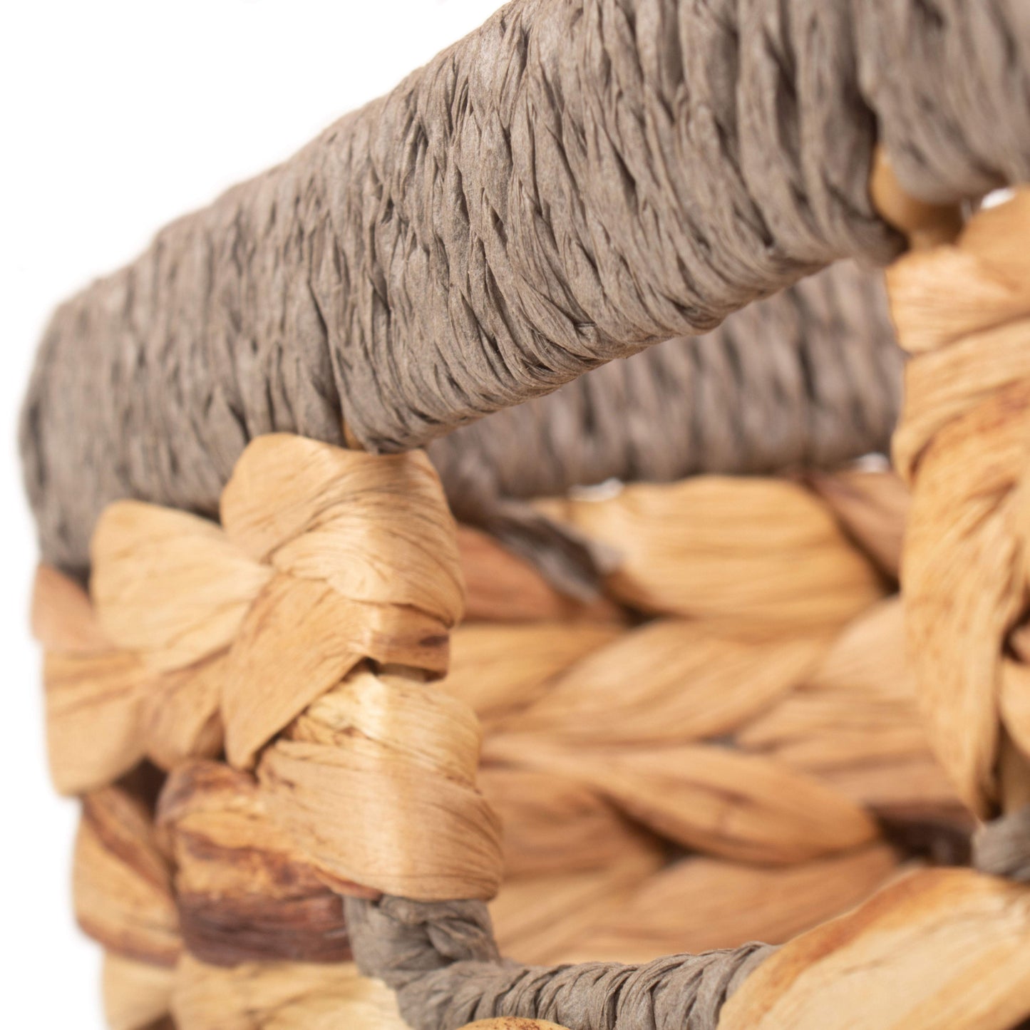 Small Shallow Rectangular Water Hyacinth Storage Tray Basket With Grey Rope Border