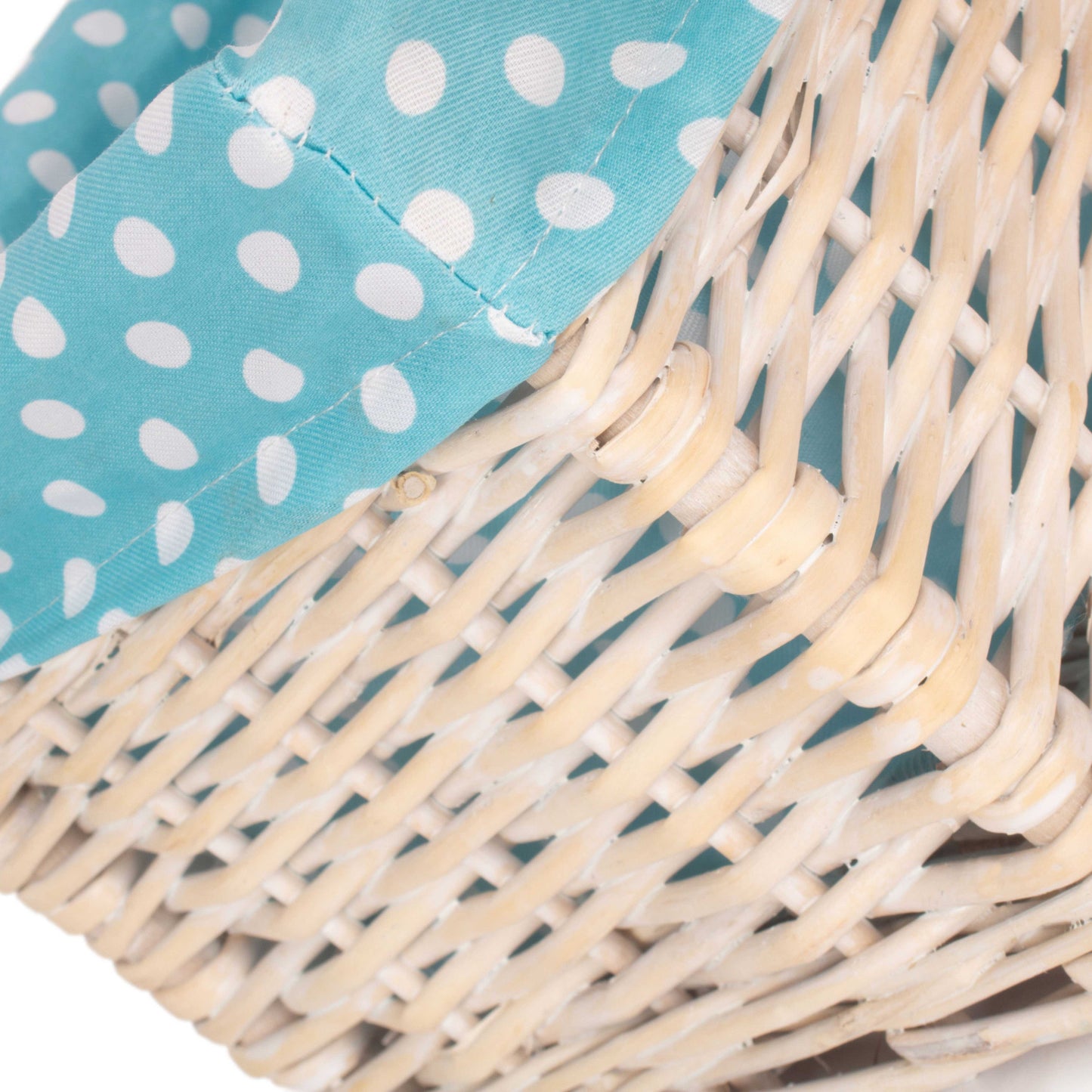 Small White Wash Willow Storage Basket with Blue Spotty Lining
