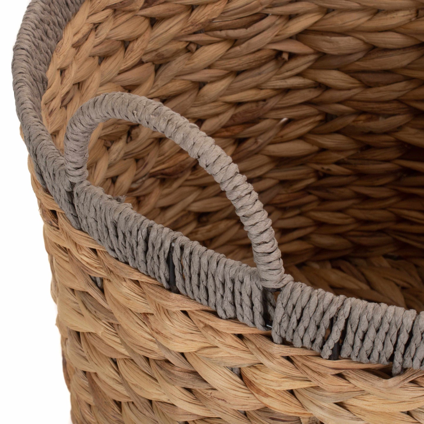 Small Round Water Hyacinth Storage Basket With Grey Rope Border