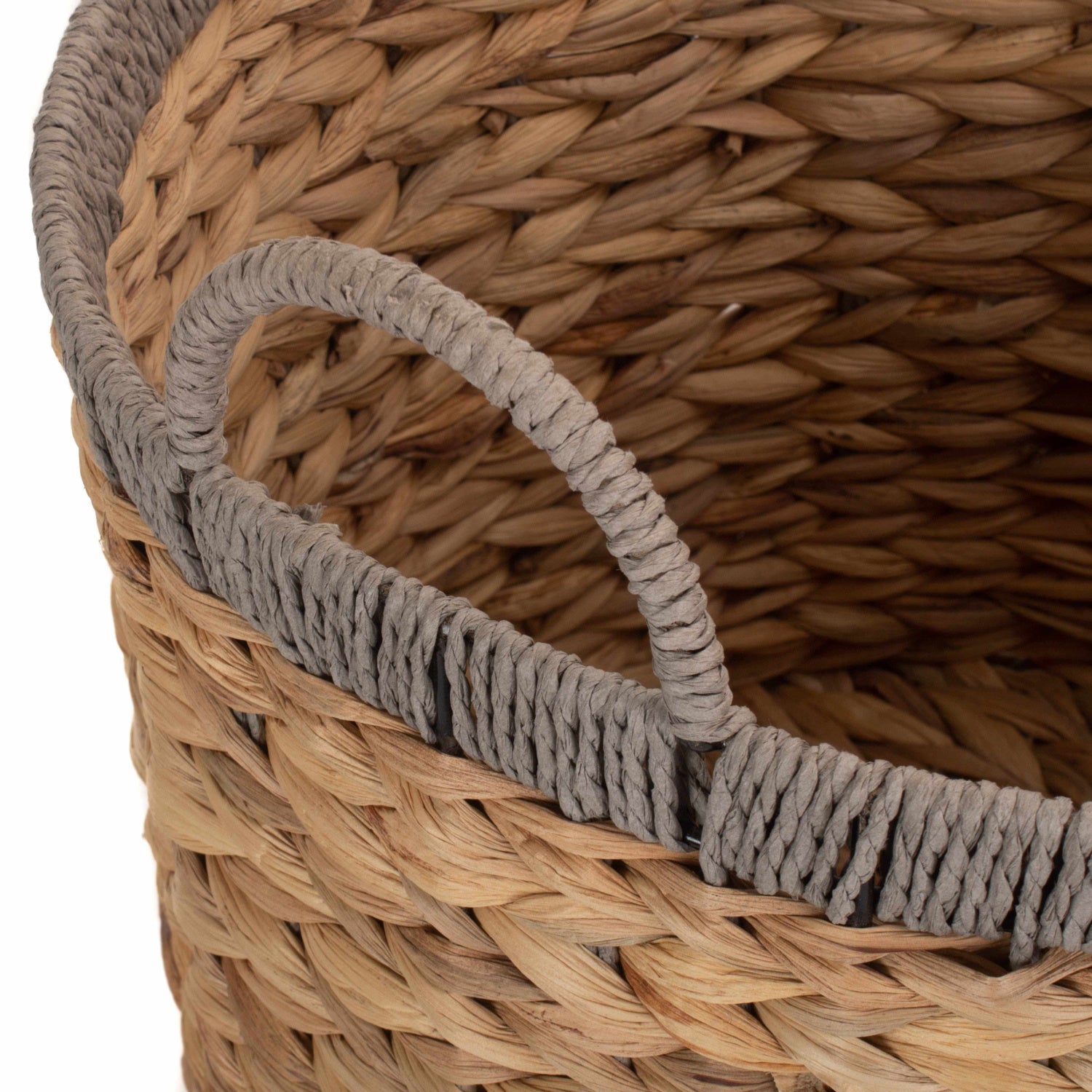 Small Round Water Hyacinth Storage Basket With Grey Rope Border
