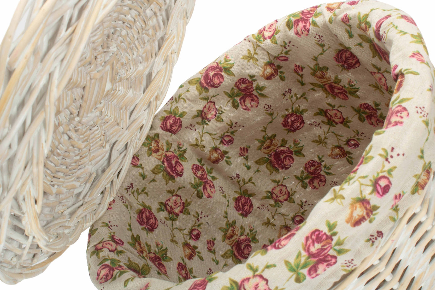 White Wash WIllow Round Laundry Hamper with Garden Rose Lining - Small
