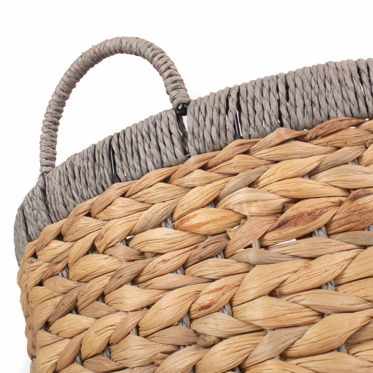 Small Round Water Hyacinth Storage Basket With Grey Rope Border