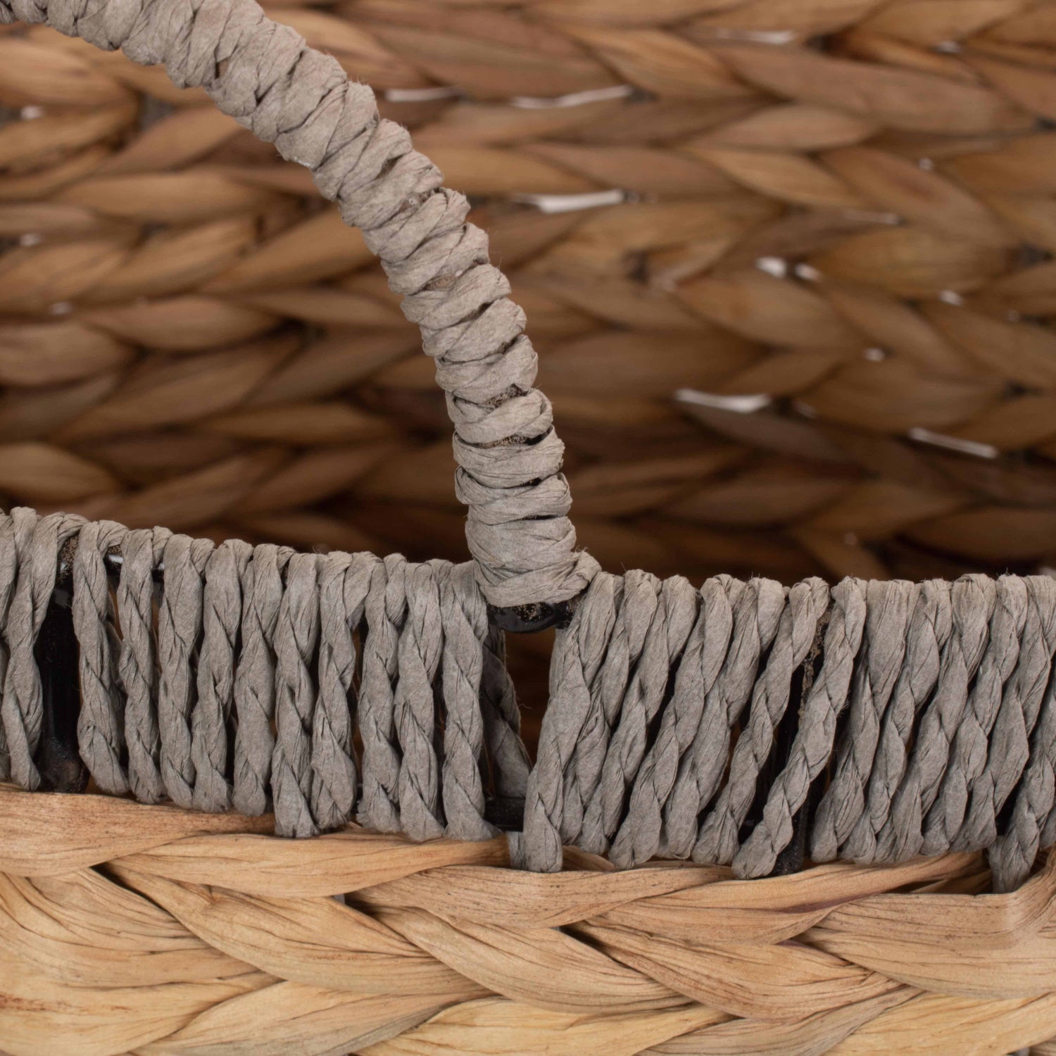 Small Round Water Hyacinth Storage Basket With Grey Rope Border