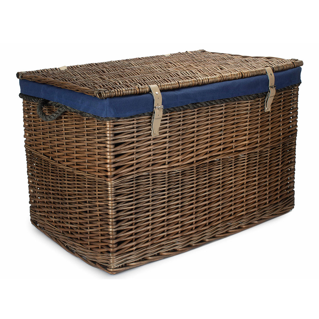 29 Inch Antique Wash Willow Storage Hamper with Rope Handles and Navy Blue Lining