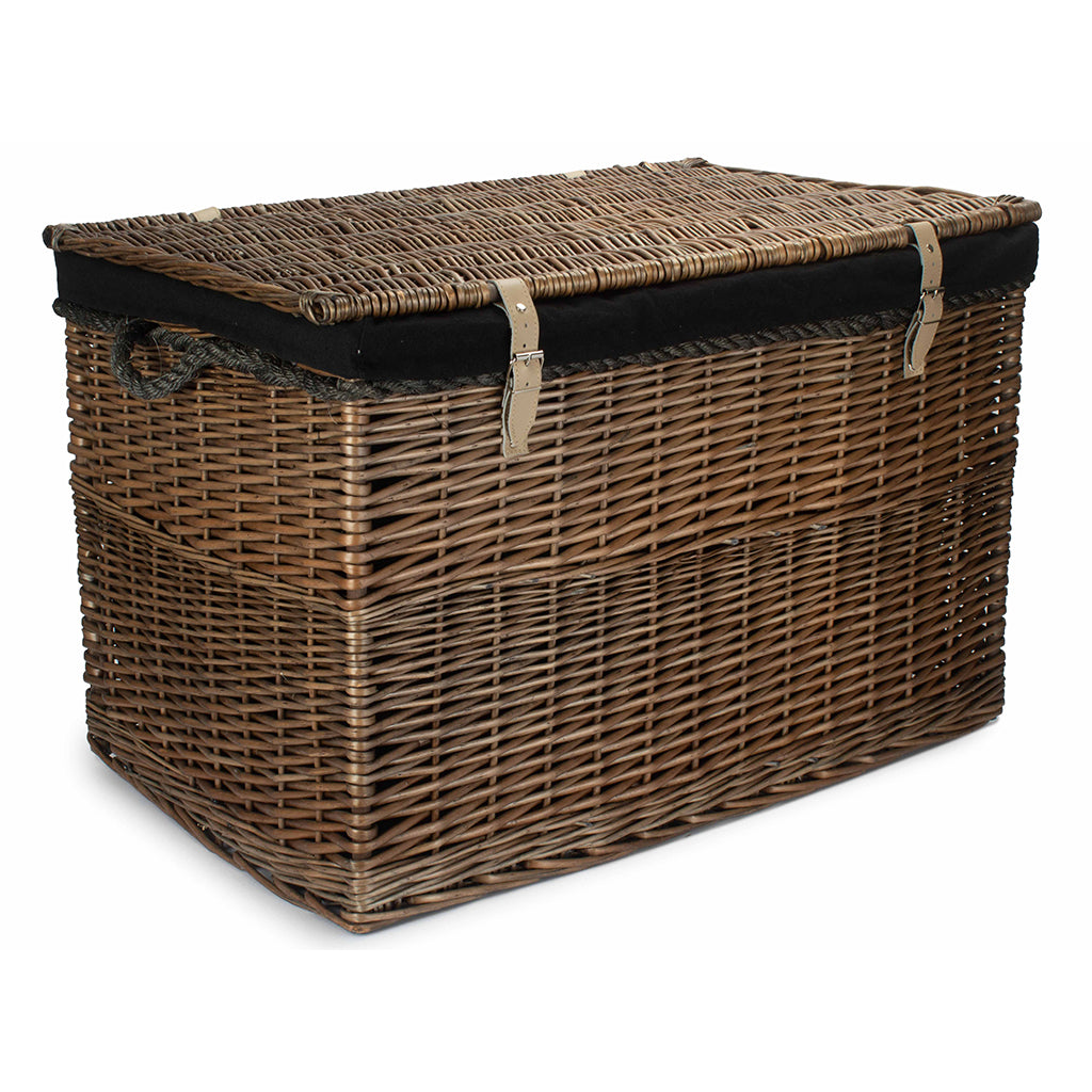 29 Inch Antique Wash Willow Storage Hamper with Rope Handles and Black Lining
