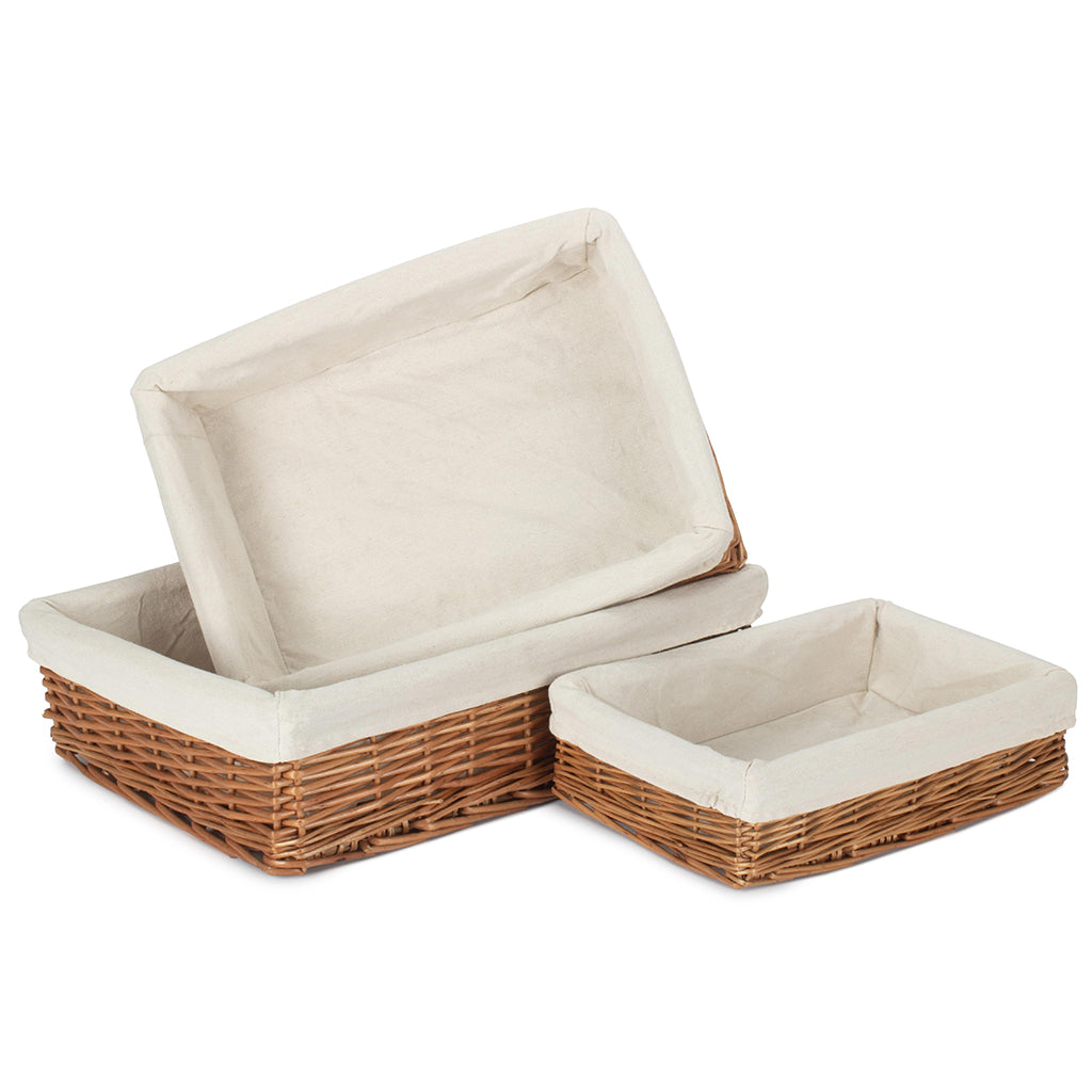 Double Steamed Willow Tray Baskets with White Lining Set of 3