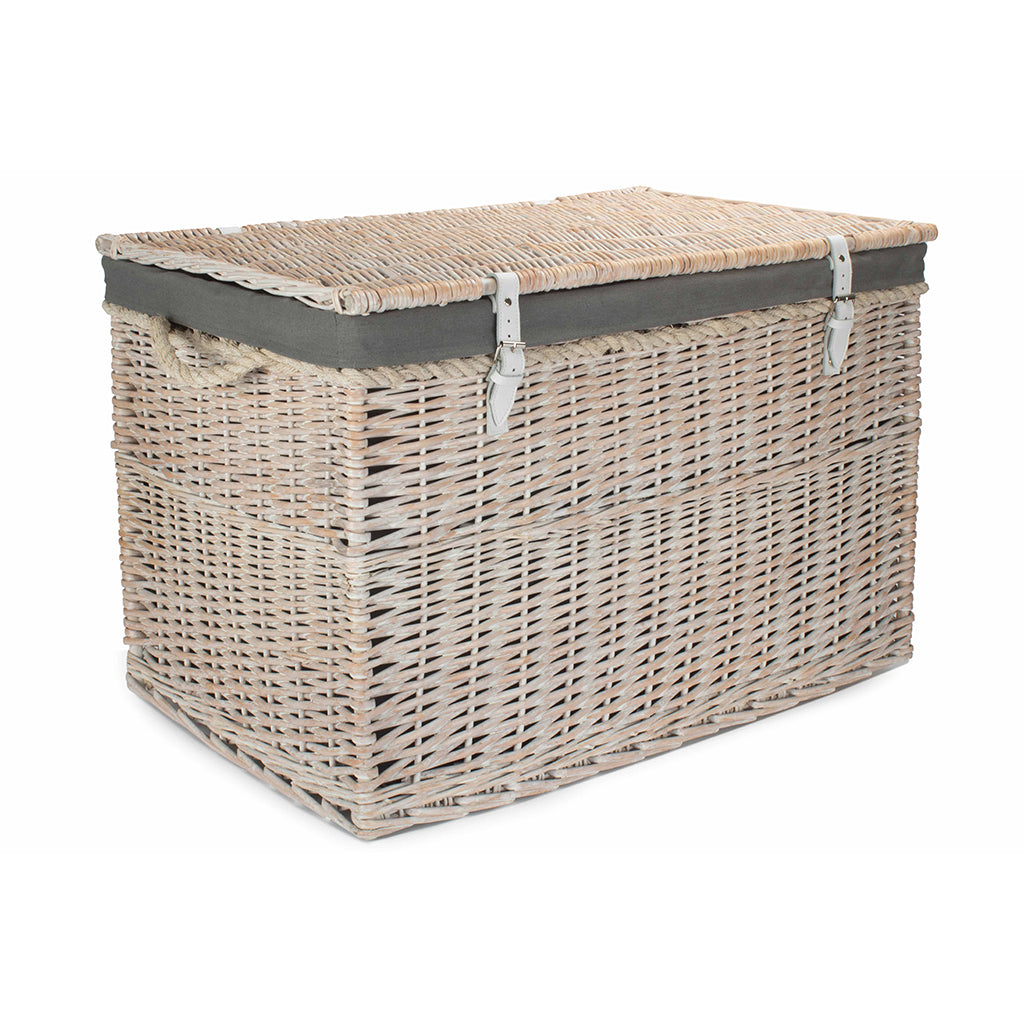 29 Inch White Wash Willow Storage Hamper with Rope Handles and Grey Sage Lining
