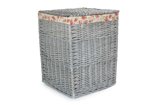 Grey Wash Willow Large Square Laundry Basket with Garden Rose Lining