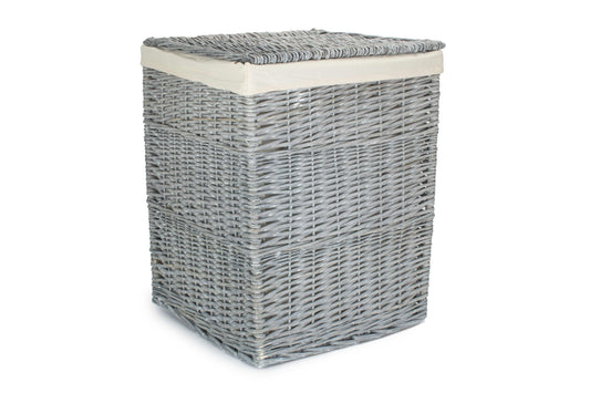 Grey Wash Willow Square Laundry Basket with White Lining - Large