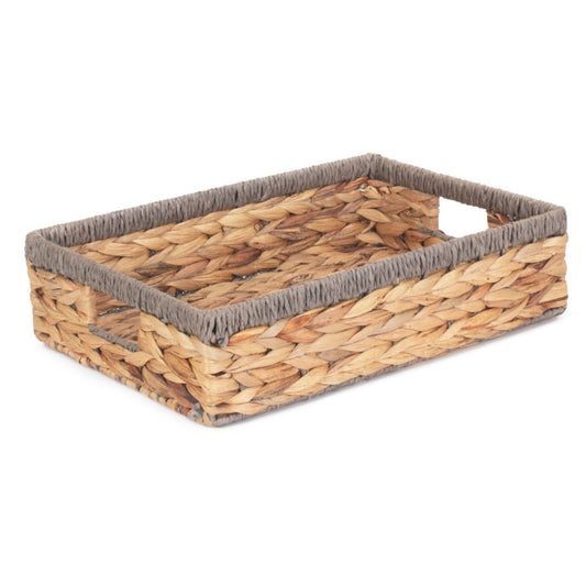 Medium Shallow Rectangular Water Hyacinth Storage Tray Basket With Grey Rope Border