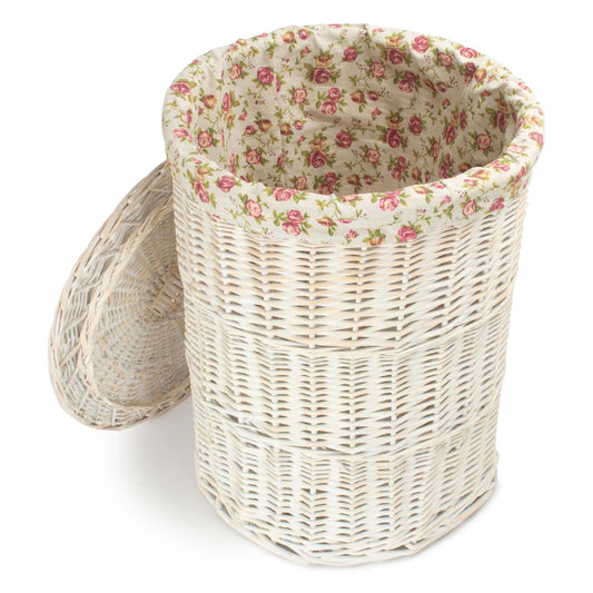White Wash Willow Round Laundry Hamper With Garden Rose Lining - Large