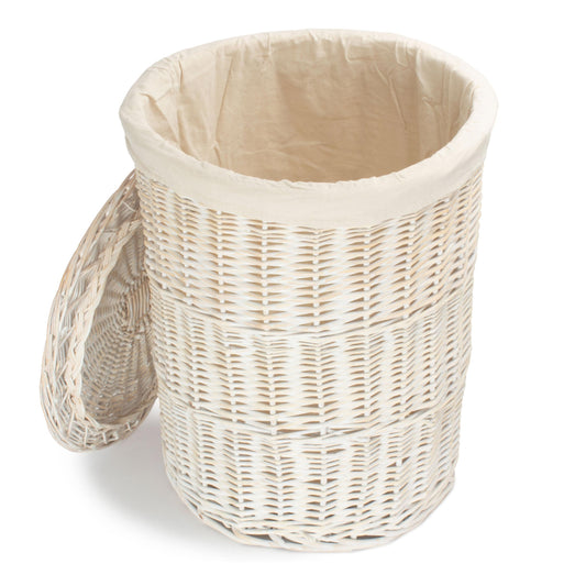 White Wash Willow Round Laundry Hamper with White Lining - Large