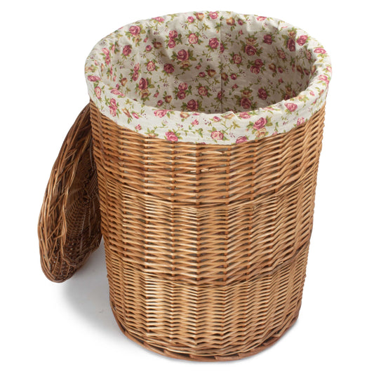 Light Steamed Willow Round Linen Basket with Garden Rose Lining - Large