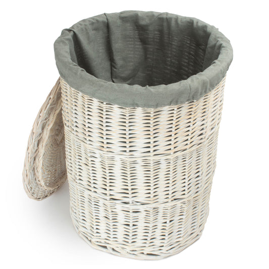 White Wash Willow Round Laundry Hamper With Grey Sage Lining - Large