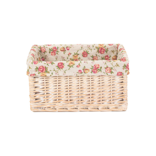 Medium White Wash Willow Storage Basket with Garden Rose Lining