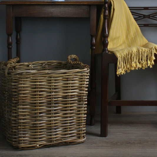 Medium Square Grey Rattan Log Basket