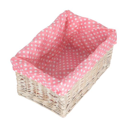 Medium White Wash Willow Storage Basket with Pink Spotty Lining