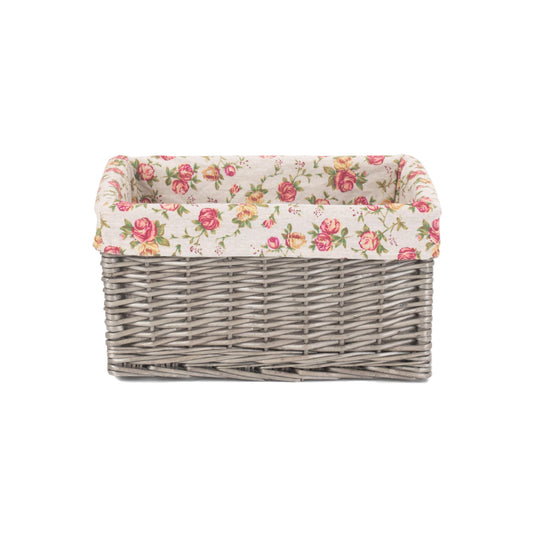 Medium Antique Wash Willow Storage Basket with Garden Rose Lining