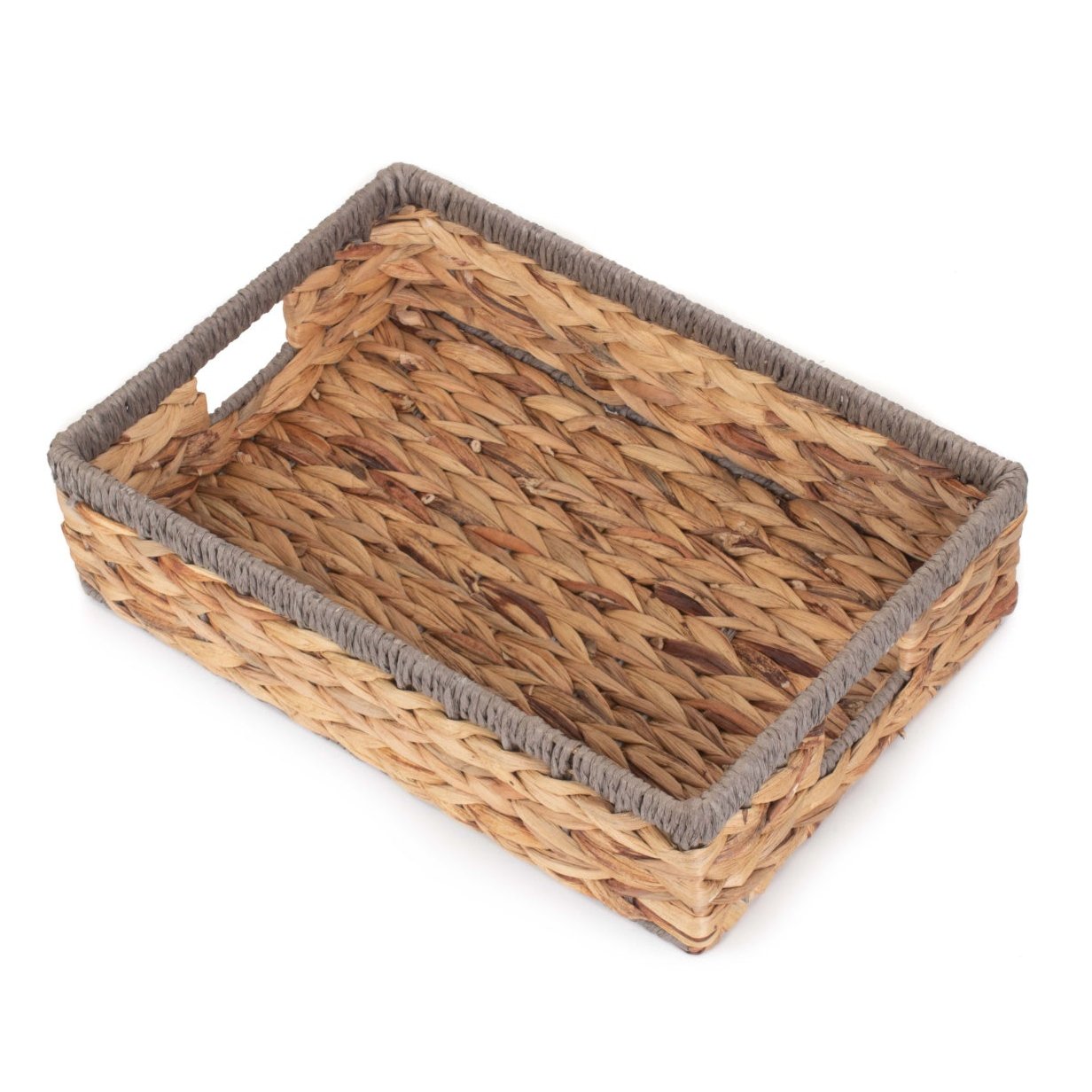 Medium Shallow Rectangular Water Hyacinth Storage Tray Basket With Grey Rope Border