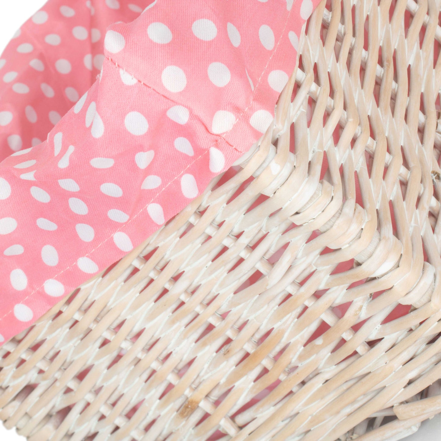 Medium White Wash Willow Storage Basket with Pink Spotty Lining