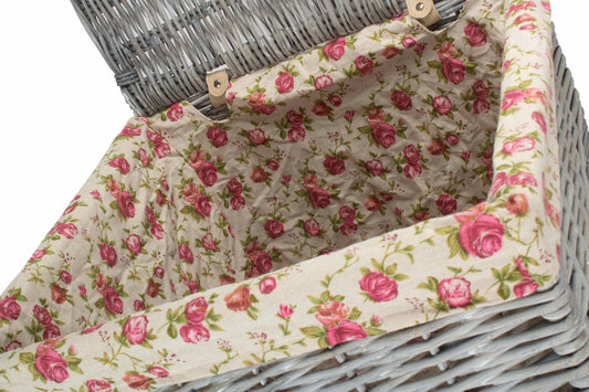 Grey Wash Willow Large Square Laundry Basket with Garden Rose Lining