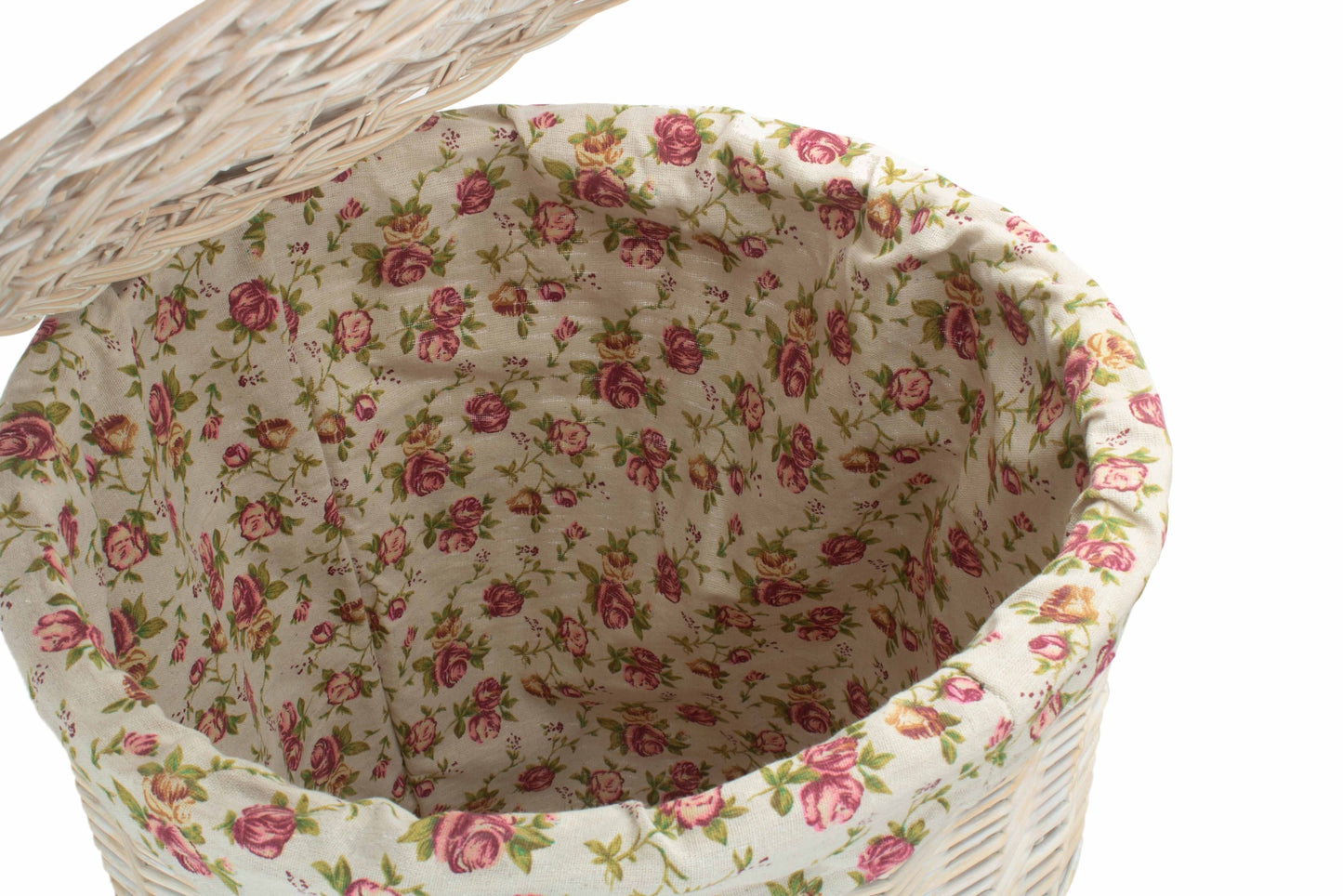 White Wash Willow Round Laundry Hamper With Garden Rose Lining - Large