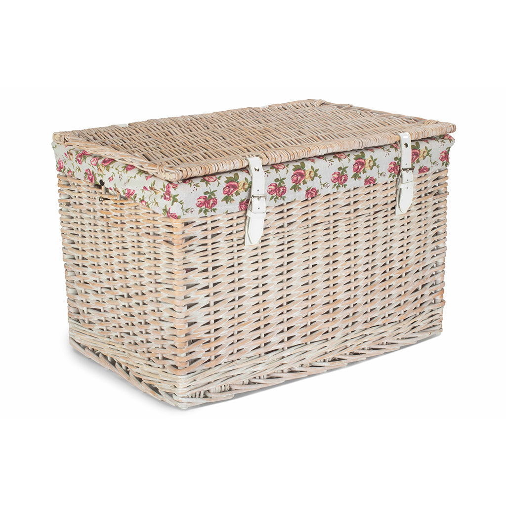 24 Inch White Wash Willow Chest Hamper with Garden Rose Lining