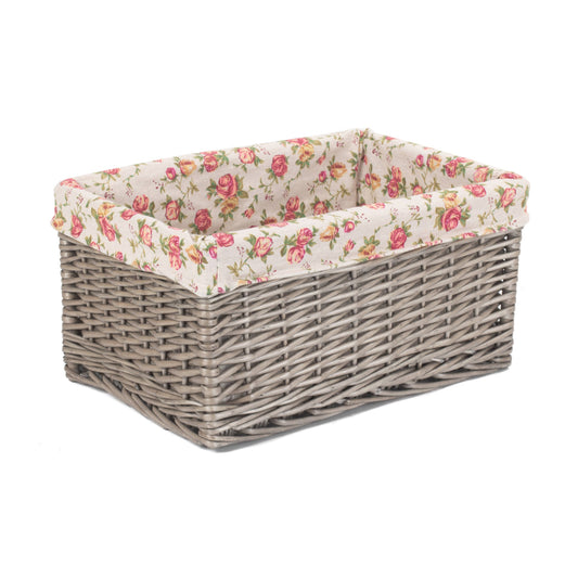 Large Antique Wash Willow Storage Basekt with Garden Rose Lining