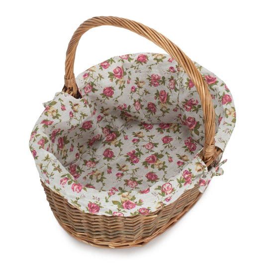 Oval Unpeeled Willow Shopper Basket with Garden Rose Lining - Size 3 Large
