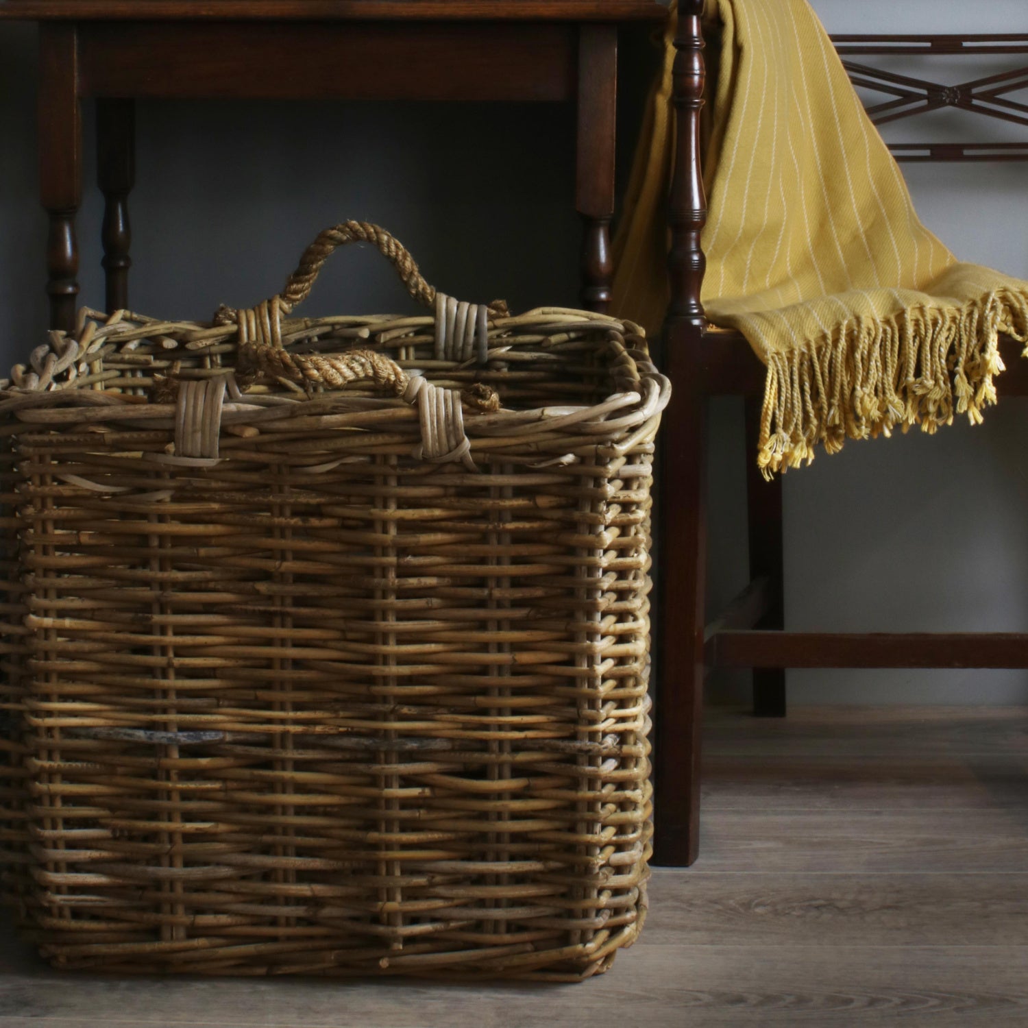 Large Square Grey Rattan Log Basket