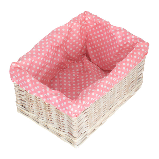 Large White Wash Willow Storage Basket with Pink Spotty Lining