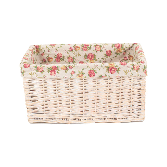 Large White Wash Willow Storage Basket with Garden Rose Lining