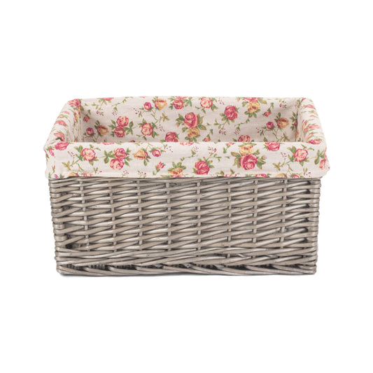 Large Antique Wash Willow Storage Basekt with Garden Rose Lining