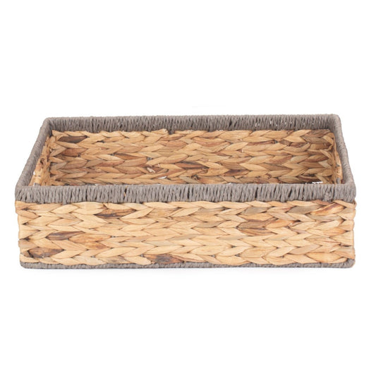 Large Shallow Rectangular Water Hyacinth Storage Tray Basket With Grey Rope Border